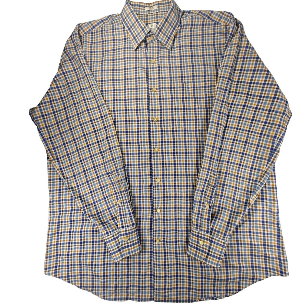 Peter Millar Mens XL Blue Gold Check Cotton Button Down Long Sleeve Shirt 0044